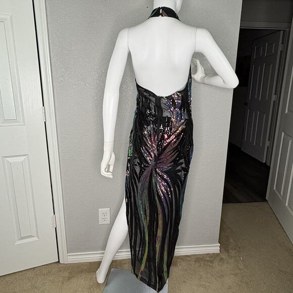Fashion Nova Maxi Gown Rare Find Sequin Mesh Glam Mermaid Deco Siren Size L - Picture 4 of 9